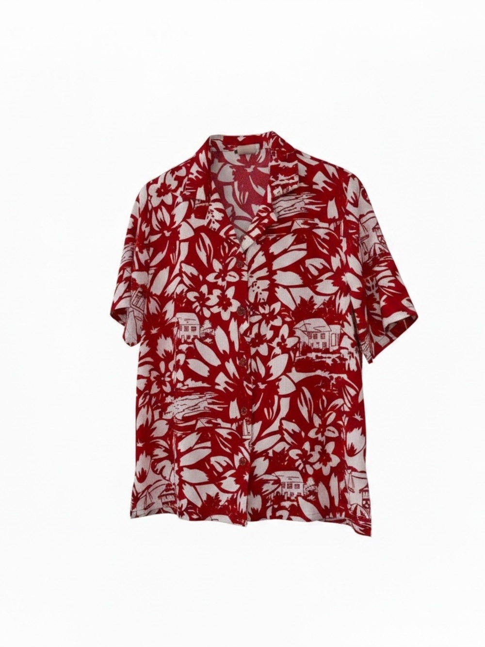 Women’s Bon Worth Red and White Hawaiian Print Short-Sleeve Shirt Size XS